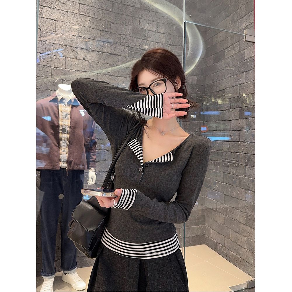 条纹拼接假两件长袖T恤女2025秋季新款韩系设计感修身显瘦打底衫
