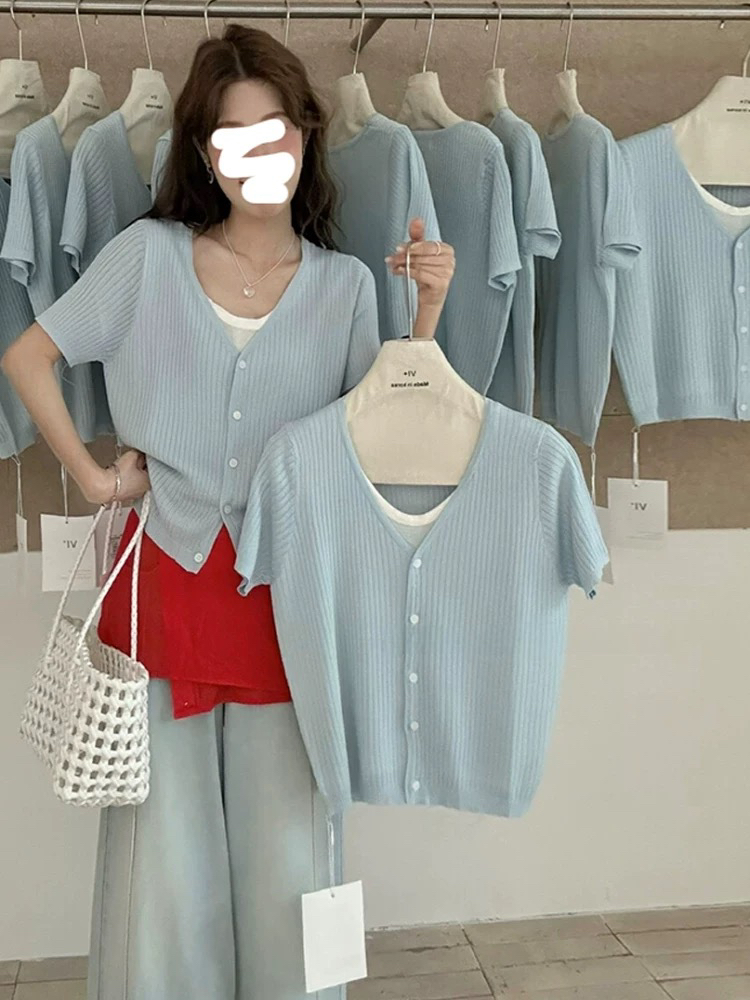 假两件设计感冰丝短袖T恤女2025夏季新款薄款轻奢高级感上衣