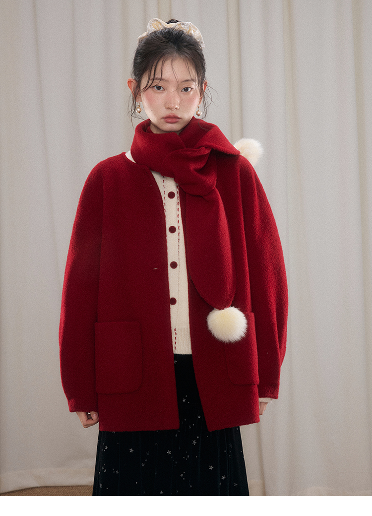 花栗鼠小姐 圣诞雪球大衣 100绵羊毛双面呢小圆领抗皱保暖呢大衣