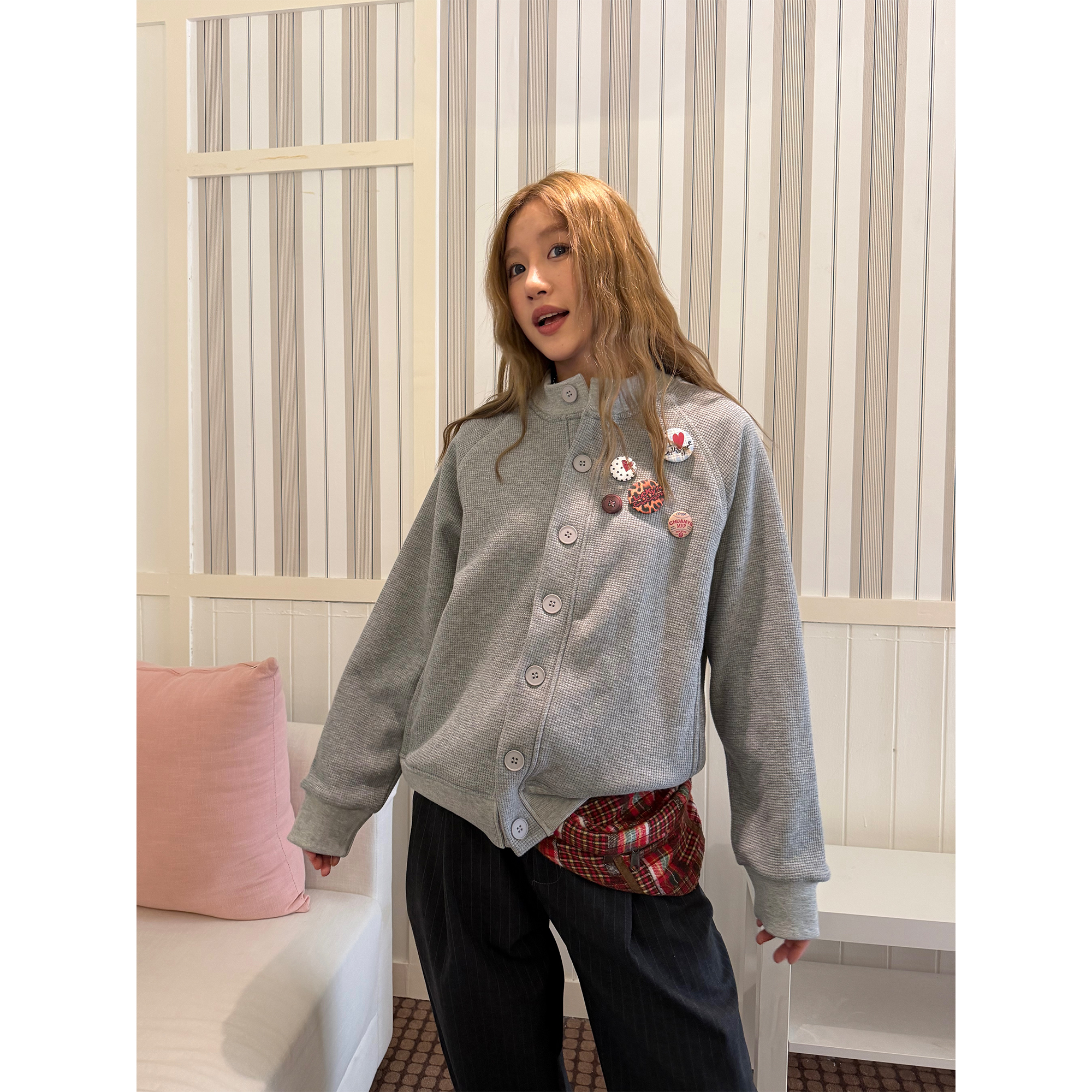 川川也家美式复古加绒华夫格徽章卫衣开衫设计男女宽松外套秋冬