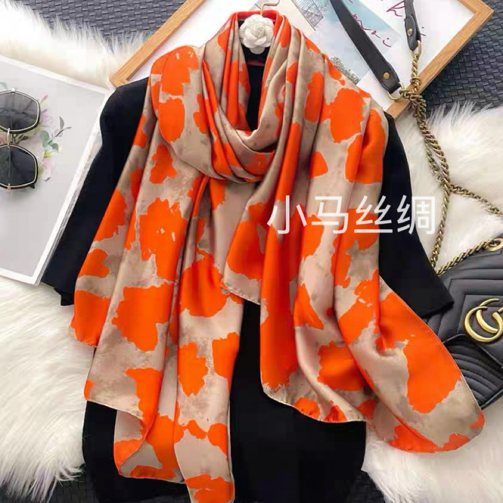 【橘色豹纹】180长巾丽锦缎大丝巾披肩