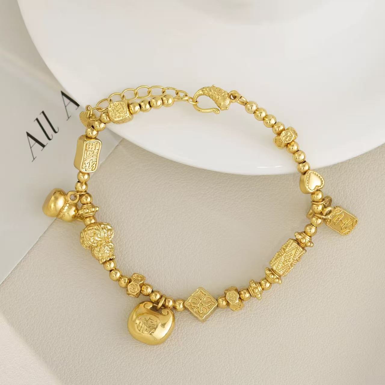 铜合金手链 4791小胖葫芦盘缠女手链国潮金坨坨平安喜乐手链