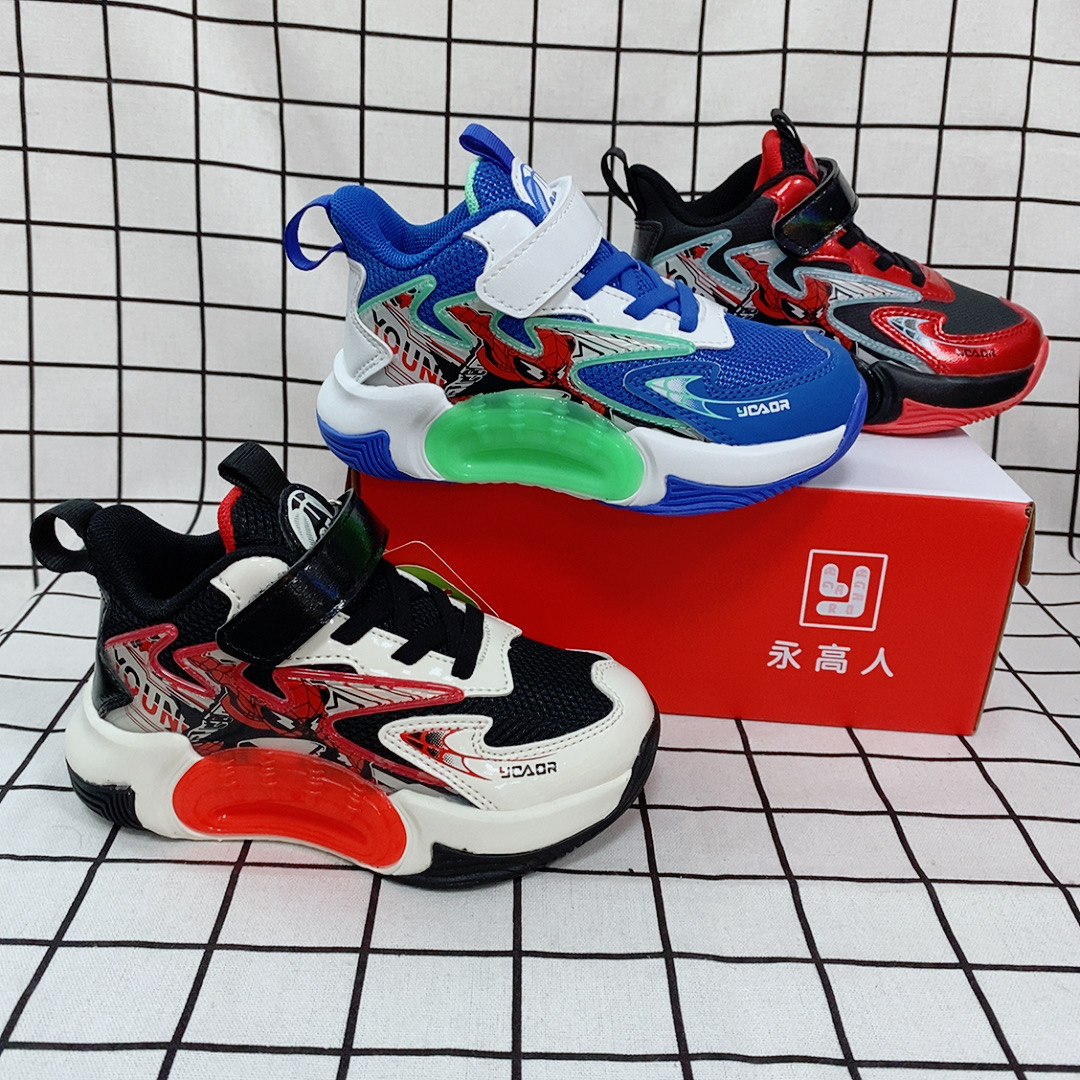 永高人篮球童鞋 男童春秋新款防滑耐磨中帮护脚踝蜘蛛侠图案童鞋