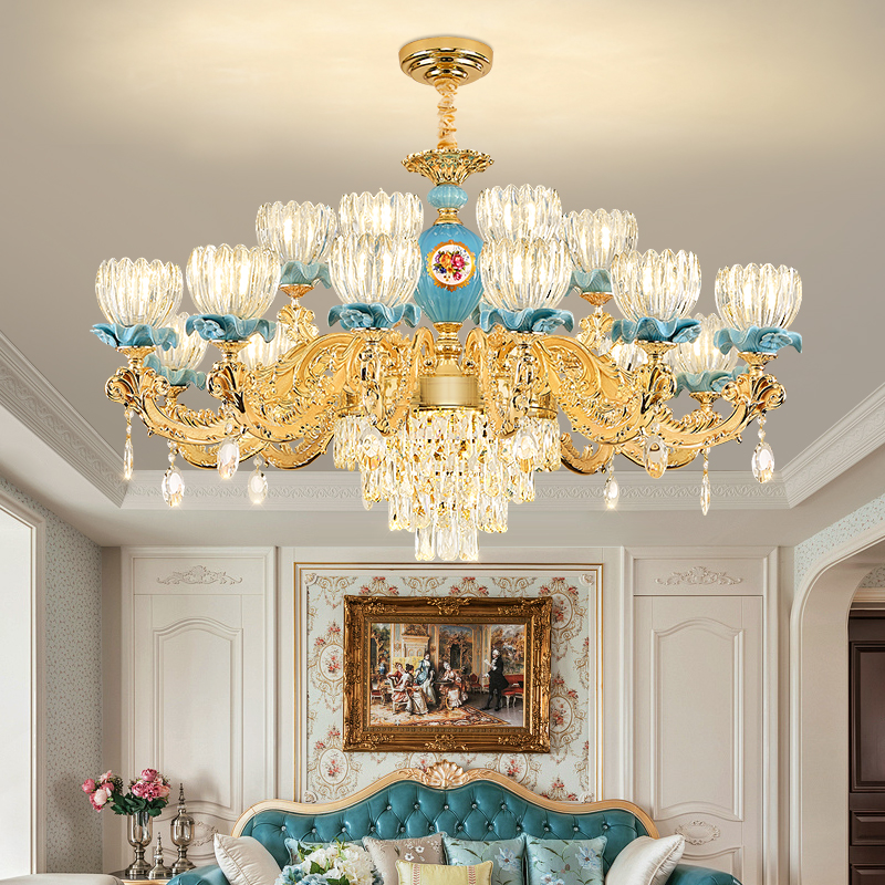 法式吊灯奢华大气客厅灯餐厅卧室蓝色锌合金陶瓷欧式水晶网红灯具