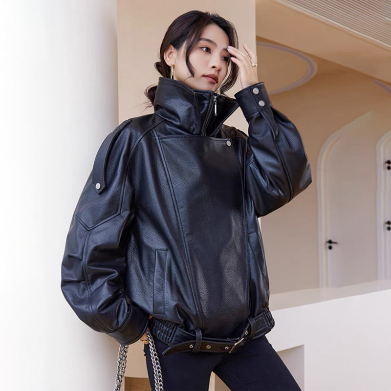 【大梦】春季真皮皮衣女宽松时尚明星同款绵羊皮机车皮夹克外套