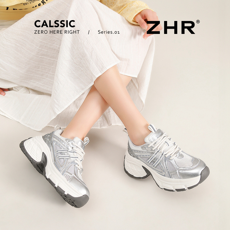 ZHR厚底老爹鞋女2025新款蓝鲸复古运动鞋百搭增高休闲鞋QT20E