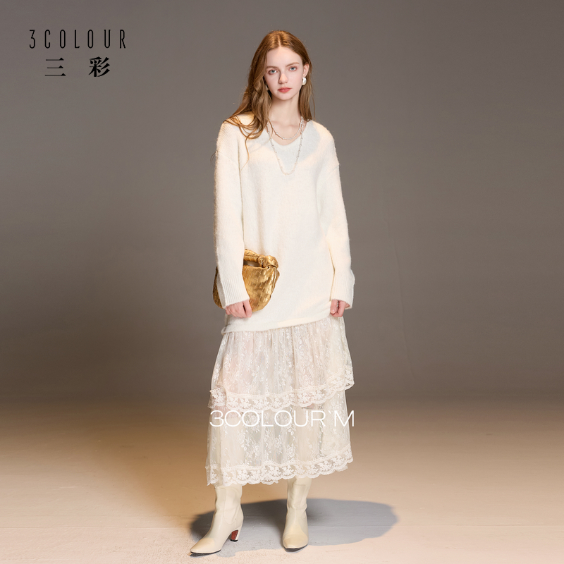 【绵羊毛】三彩2025秋冬季新款V领针织连衣裙长袖假两件蕾丝裙女M