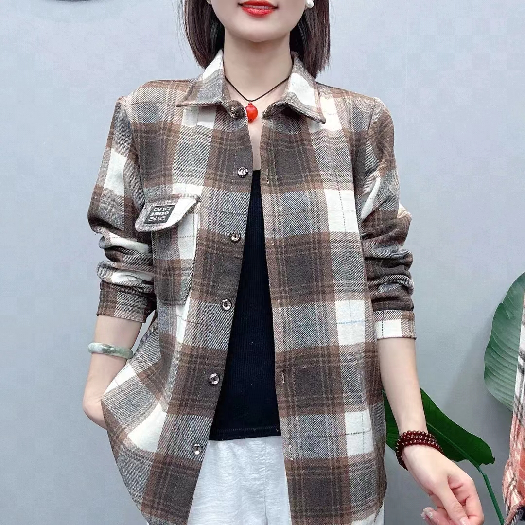 工厂直销 春秋新款格子衬衫厚款磨毛格子衬衣女宽松休闲大码款