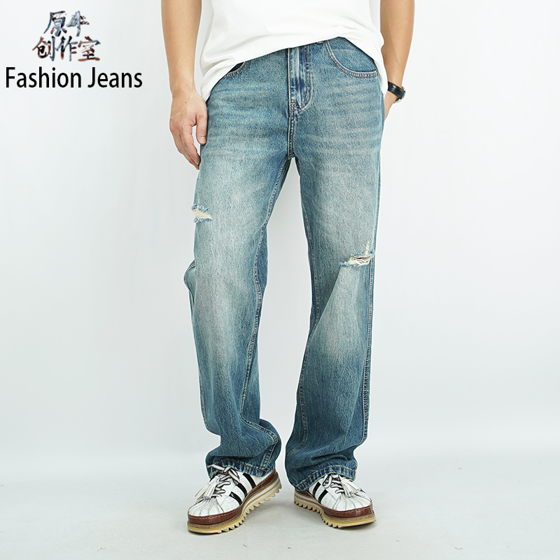 微喇叭版型-新款夏季舒适裤子男痞帅高街宽松直筒牛仔裤男士长裤
