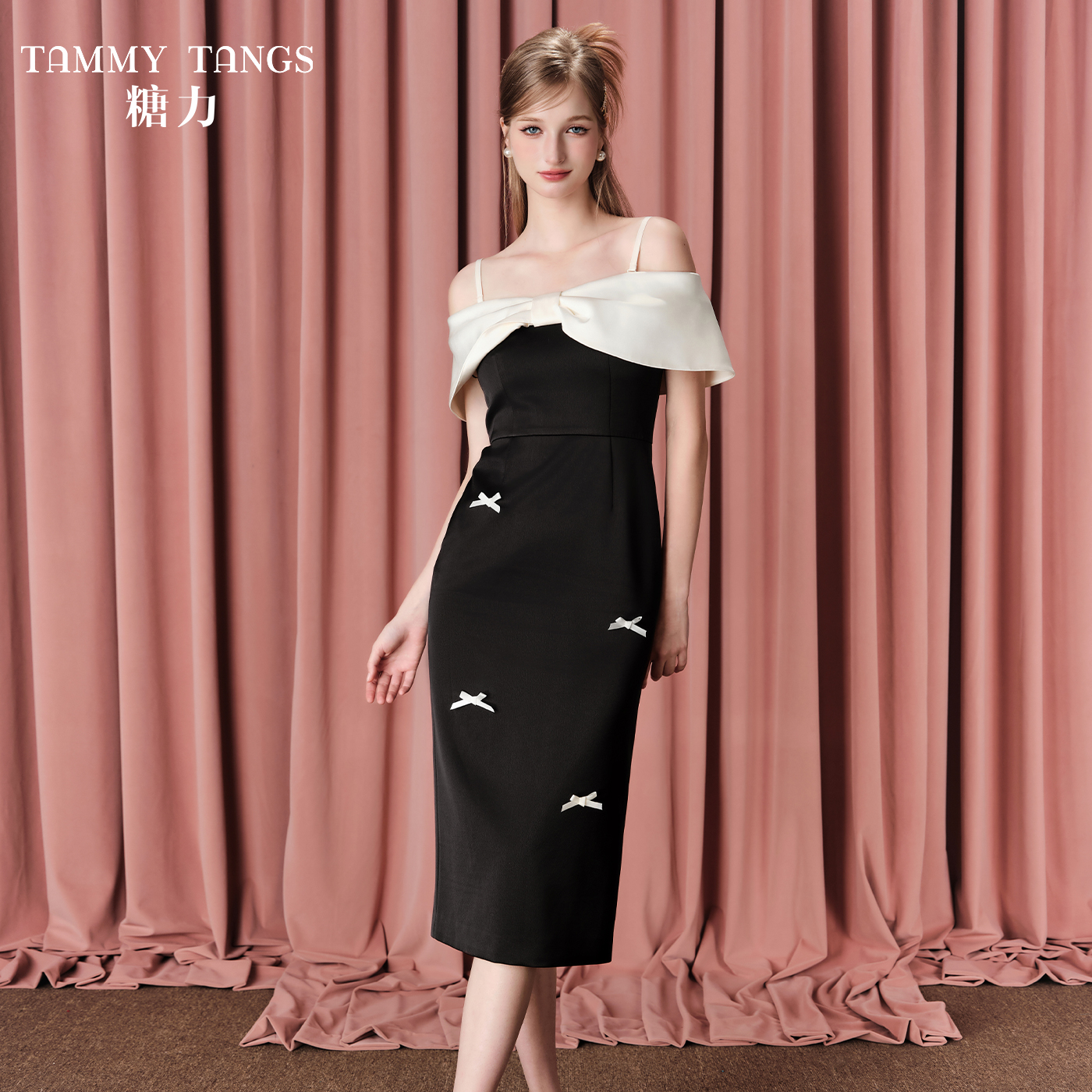 【千金专属】糖力轻礼服裙拼色蝴蝶结可拆吊带一字肩连衣裙女