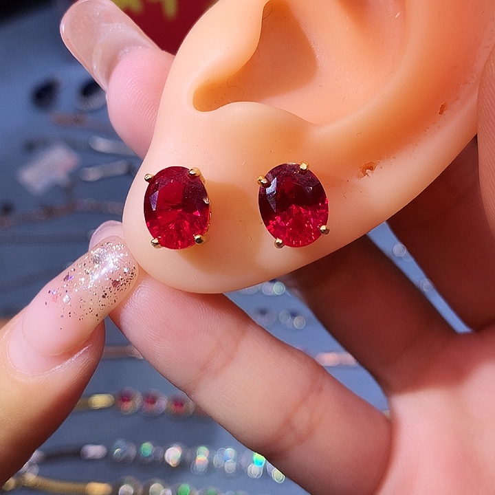 红宝石耳饰银S925镶嵌