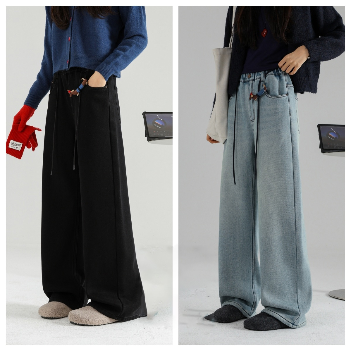 牛仔裤直筒裤加绒女高腰长裤冬季显瘦冬