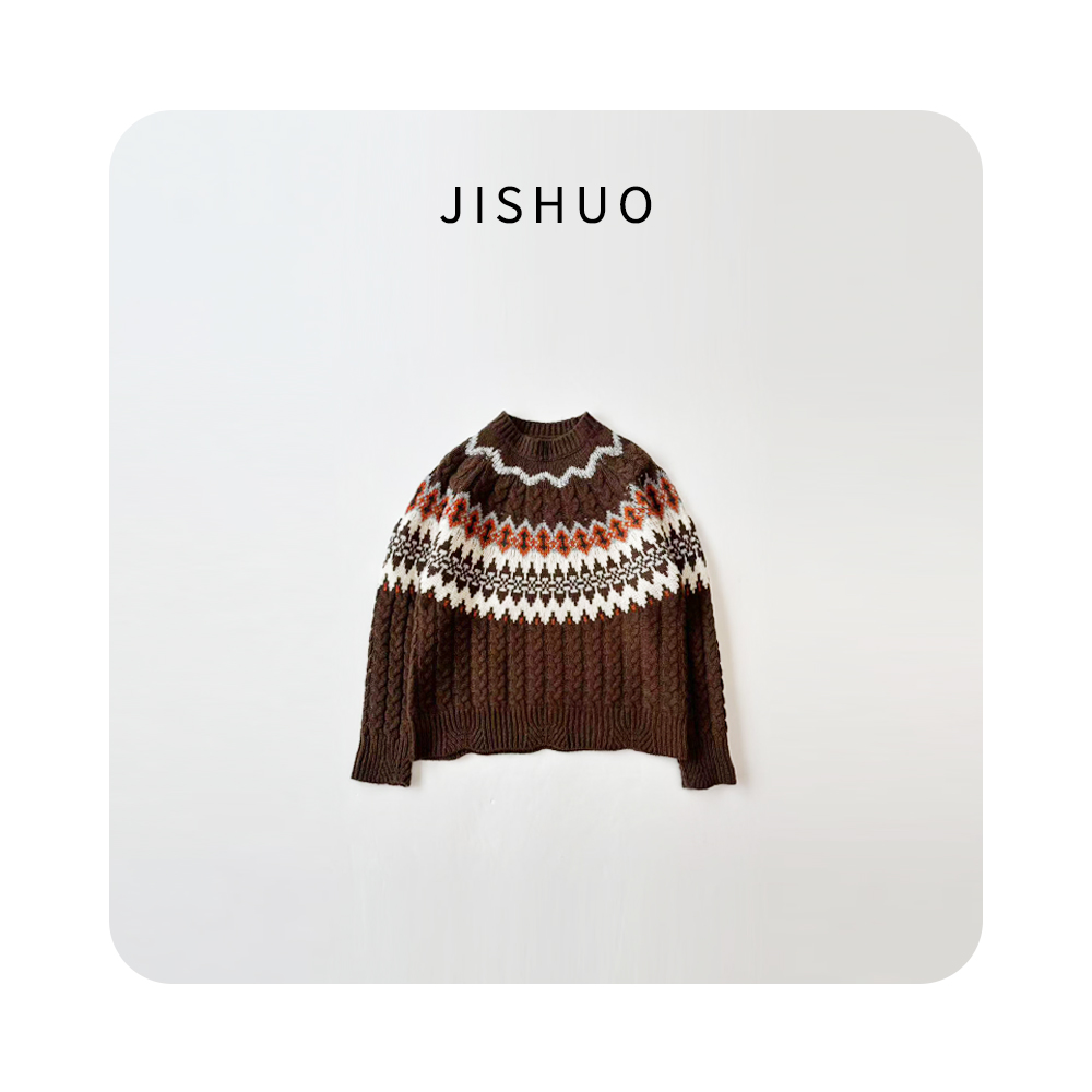 秋冬毛衣女款宽松针织常规款费尔岛羊毛衫条纹秋冬复古毛衣