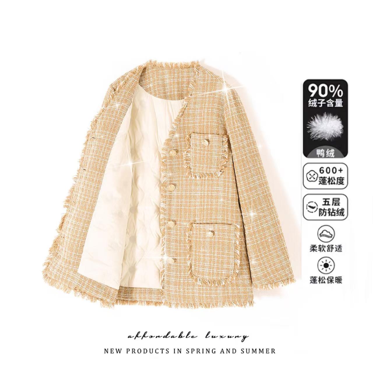 小香风女白鸭绒羽绒服黄色外套上衣休闲短款格子