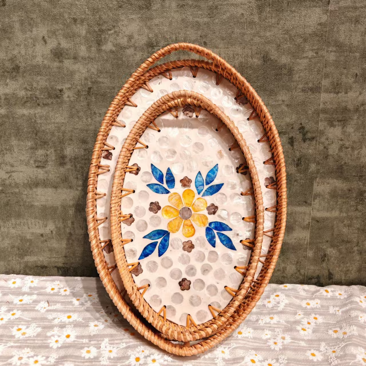 H越南真藤35*24*3蓝叶花椭圆贝壳盘桌面面食零食干果水果盘两件套