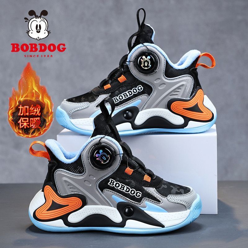 巴布豆男童加绒保暖棉鞋皮面防水中大童运动鞋冬季新款儿童篮球鞋