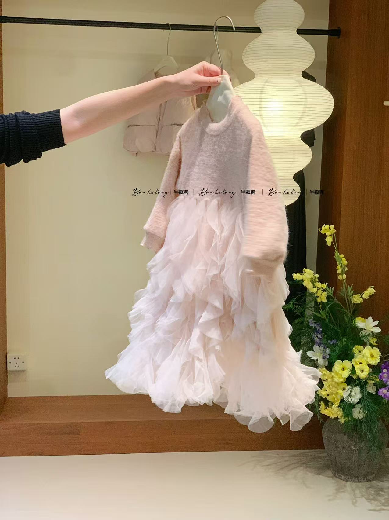 女童粉色网纱连衣裙2025冬季韩版针织毛衣裙夹棉面包服外套马甲