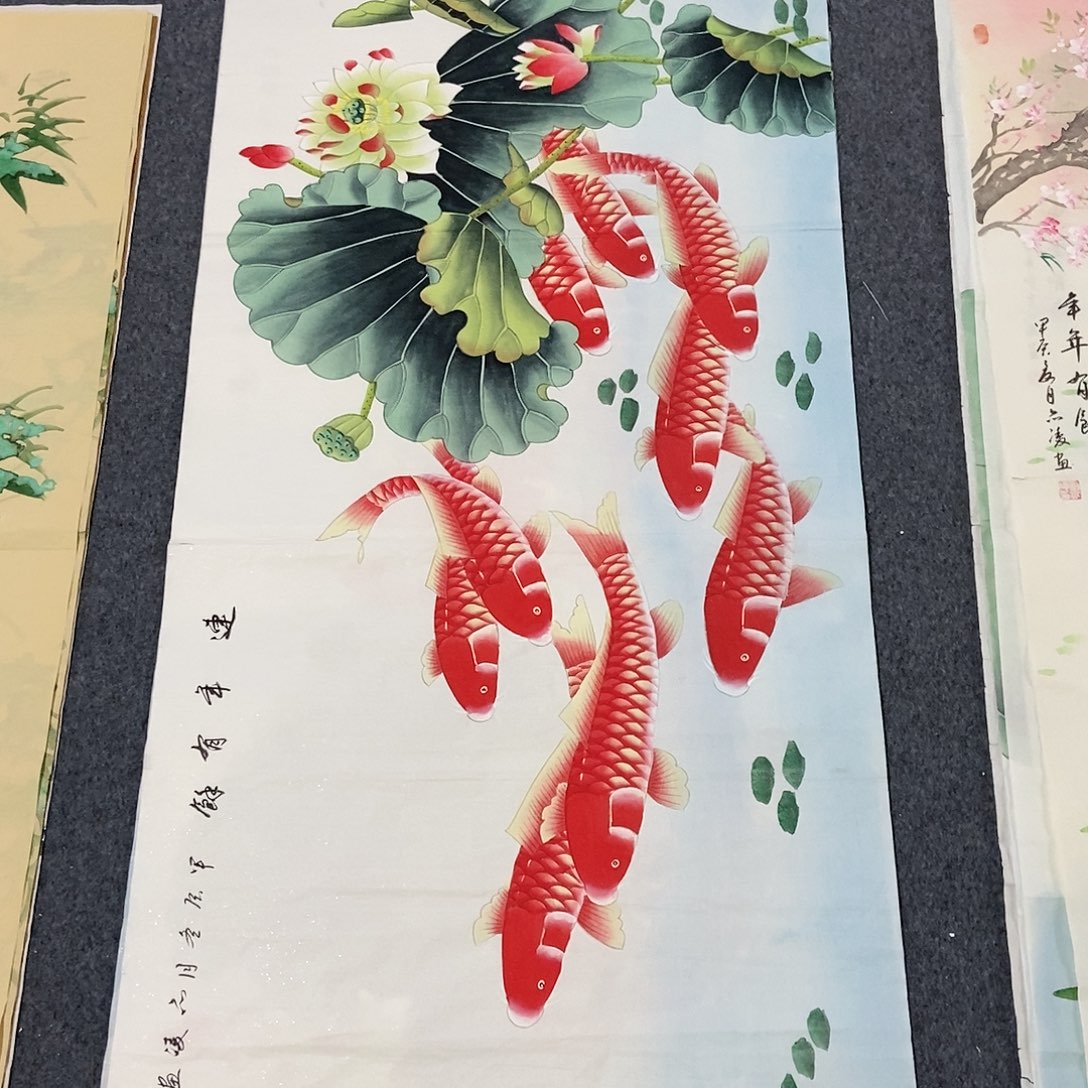 国画四尺工笔九鱼一副