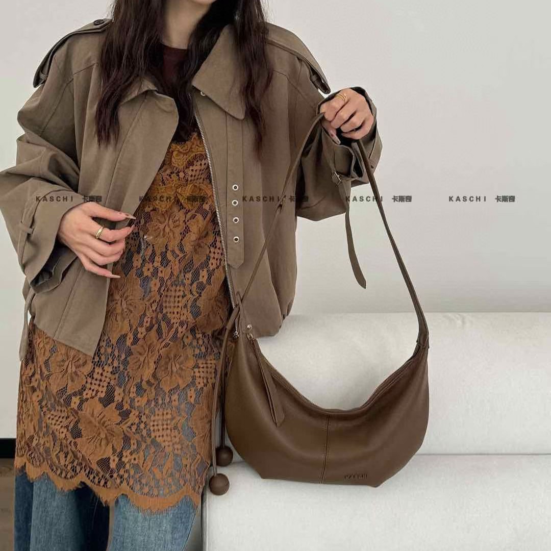 【予你甄选】新款复古荔枝纹牛皮饺子包简约休闲单肩斜挎女包