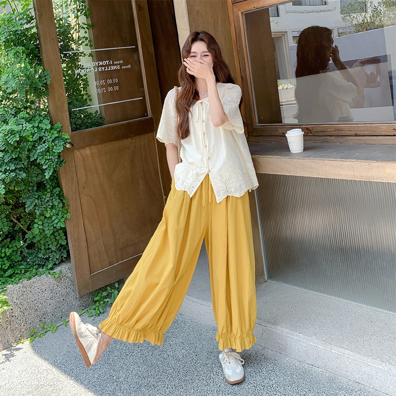 大方得体夏日穿搭套装裤女气质减龄蕾丝上衣松弛感阔腿裤两件套
