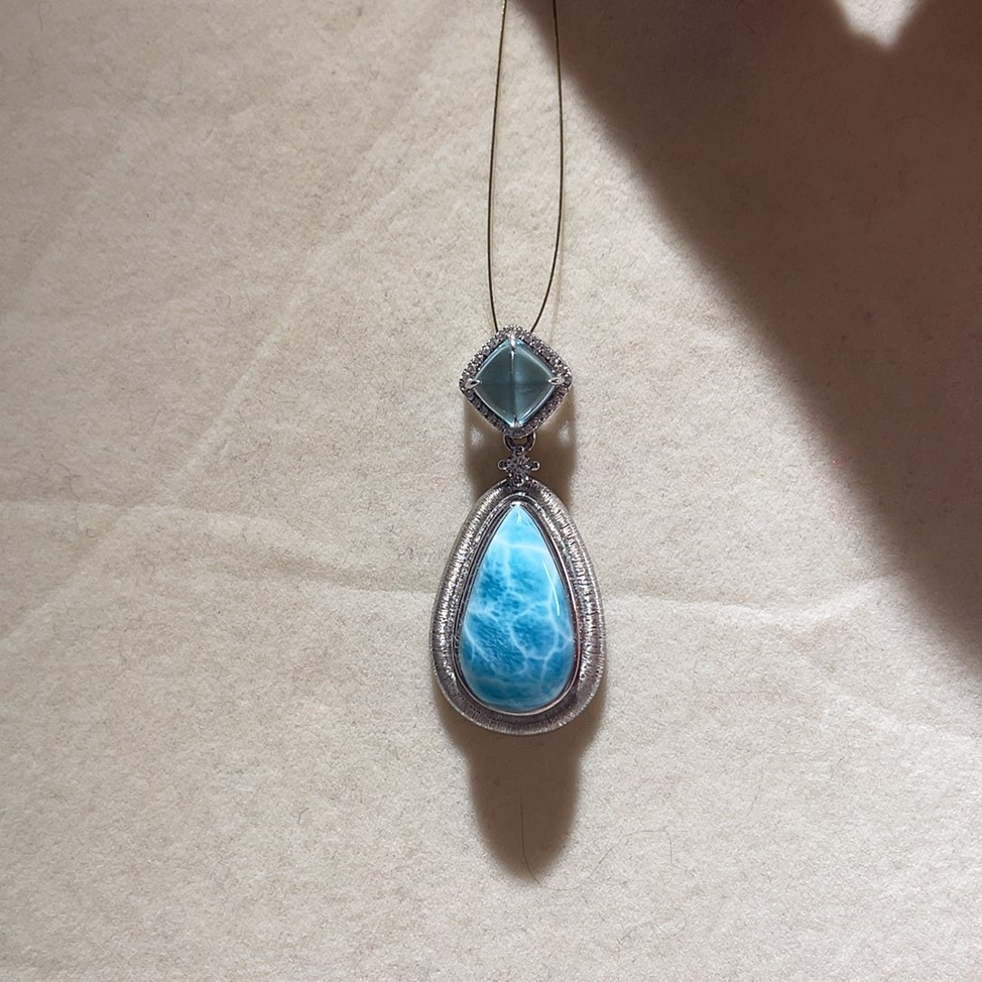 针钠钙石（海纹石）银S925镶嵌颈饰大气款
