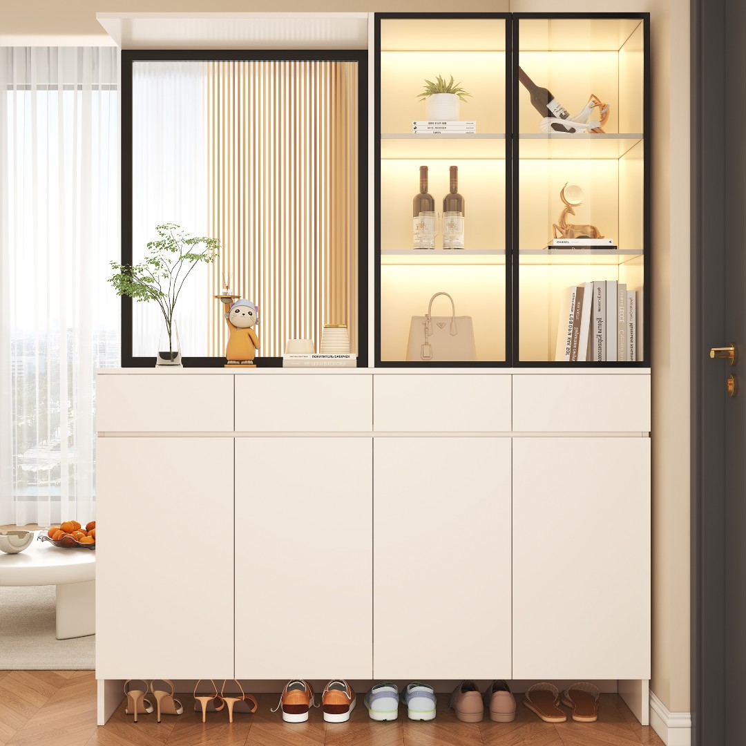 实木玄关柜入户门鞋柜简约屏风隔断客厅遮挡可定制玻璃隔断一体柜