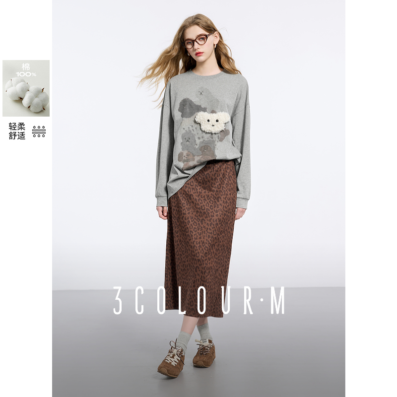 【可可专属】三彩2025春季新款印花T恤休闲宽松圆领落肩袖百搭dbx