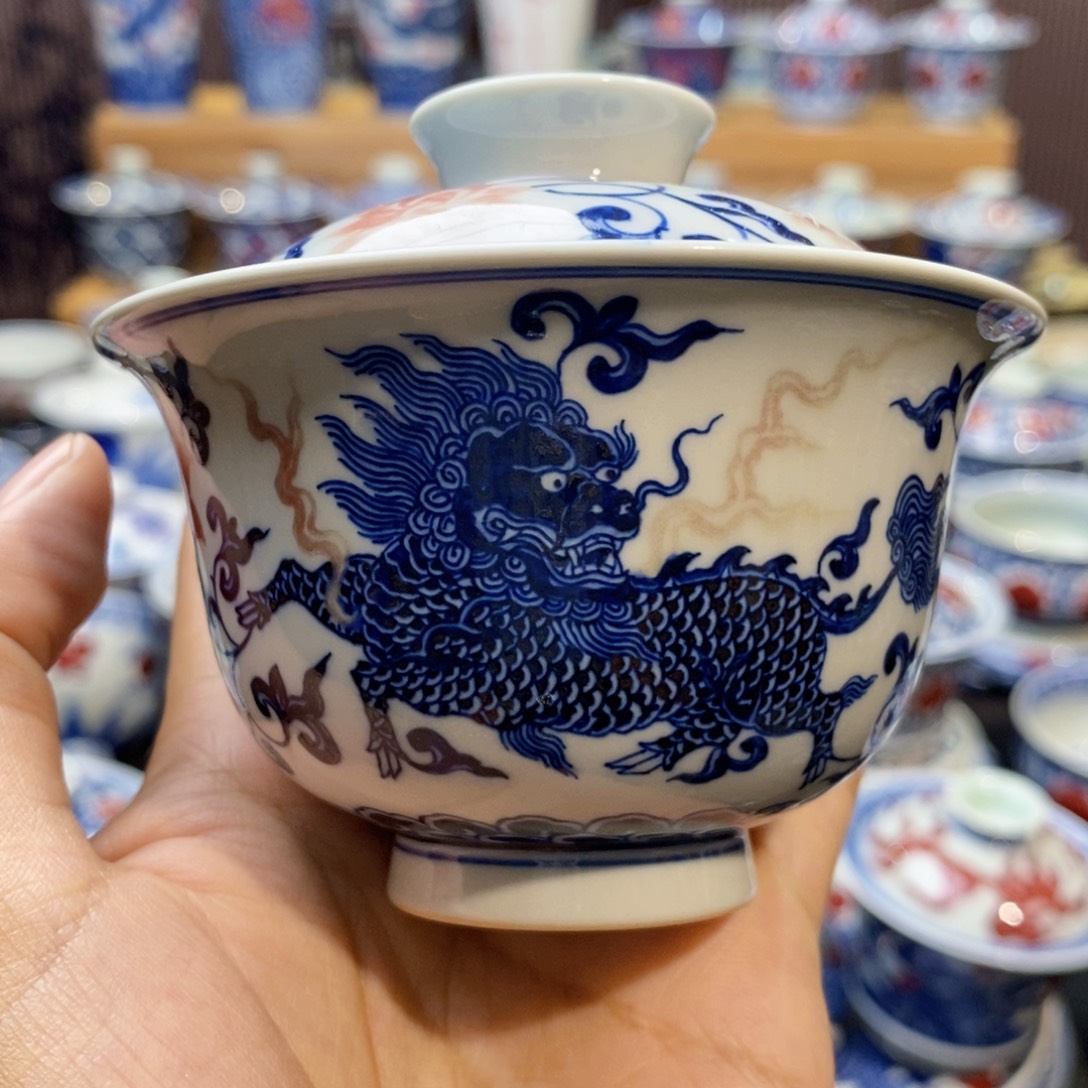 微瑕双麒麟盖碗盖碗盖碗