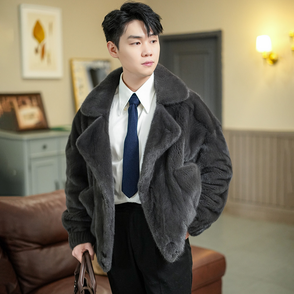 25006冬季新款紫金短二西装领休闲短款貂皮外套