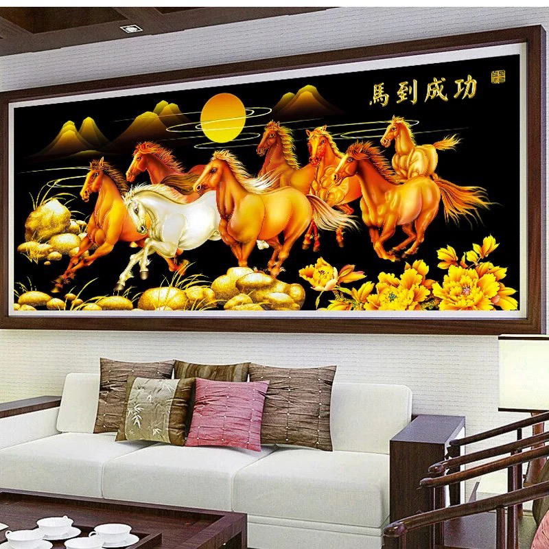 2.2大格纯手工绣好的十字绣成品572金色马到成功装饰