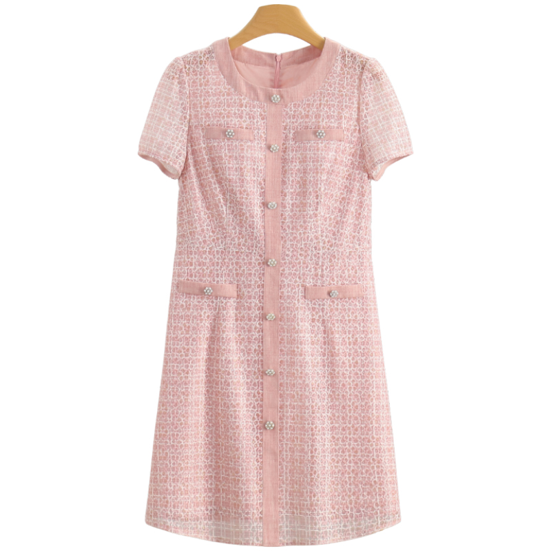 F1489-【盛】装饰扣圆领修身短袖连衣裙#ZJD56L005