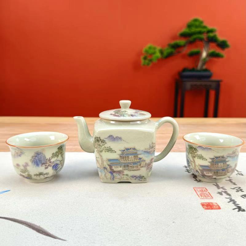 金山水四方壶一壶两杯@C4