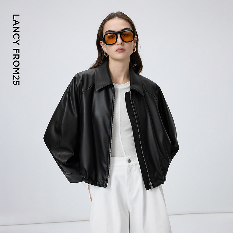 朗姿翻领插肩袖宽松仿皮皮衣率性气质百搭短外套女2026年春季新款