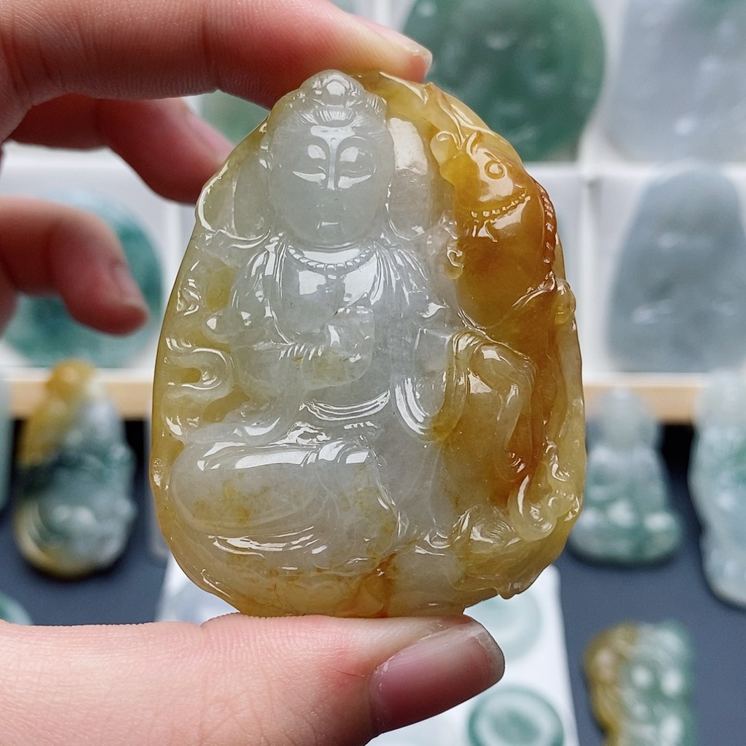 缅甸天然A货翡翠精雕冰黄赐福观音锦鲤观音玉吊坠