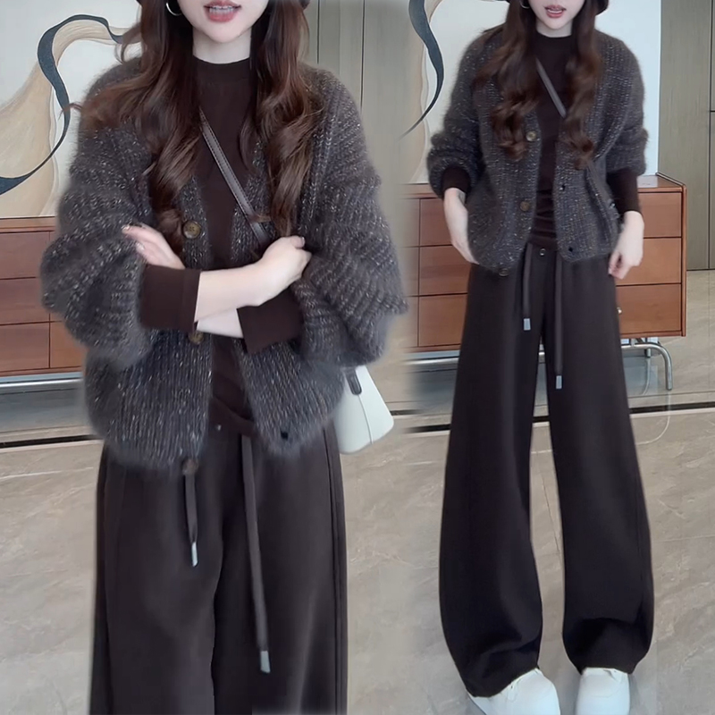 秋冬气质小香风宽松开衫软糯V领针织外套休闲卫裤时尚套装潮流