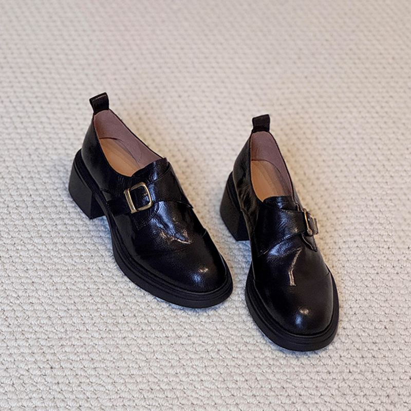 羊皮版~复古皮带扣深口乐福鞋女简约通勤粗跟一脚蹬英伦风小皮鞋