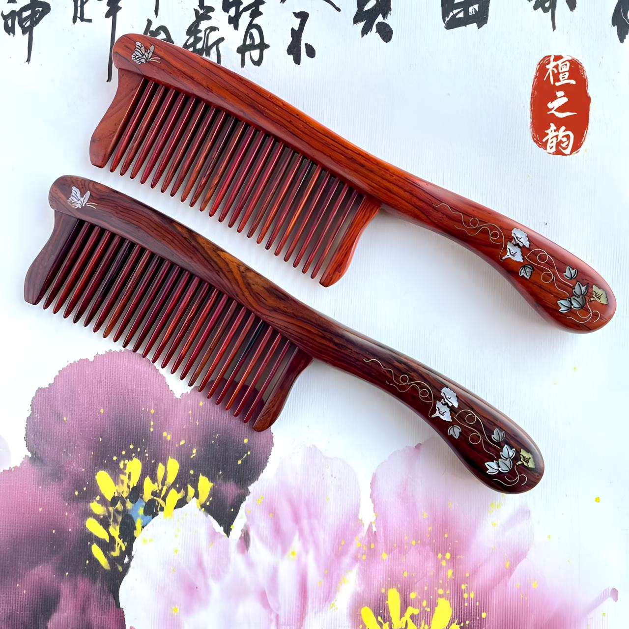 微凹黄檀长柄鼓肚螺钿插齿木梳教师节礼品送长辈