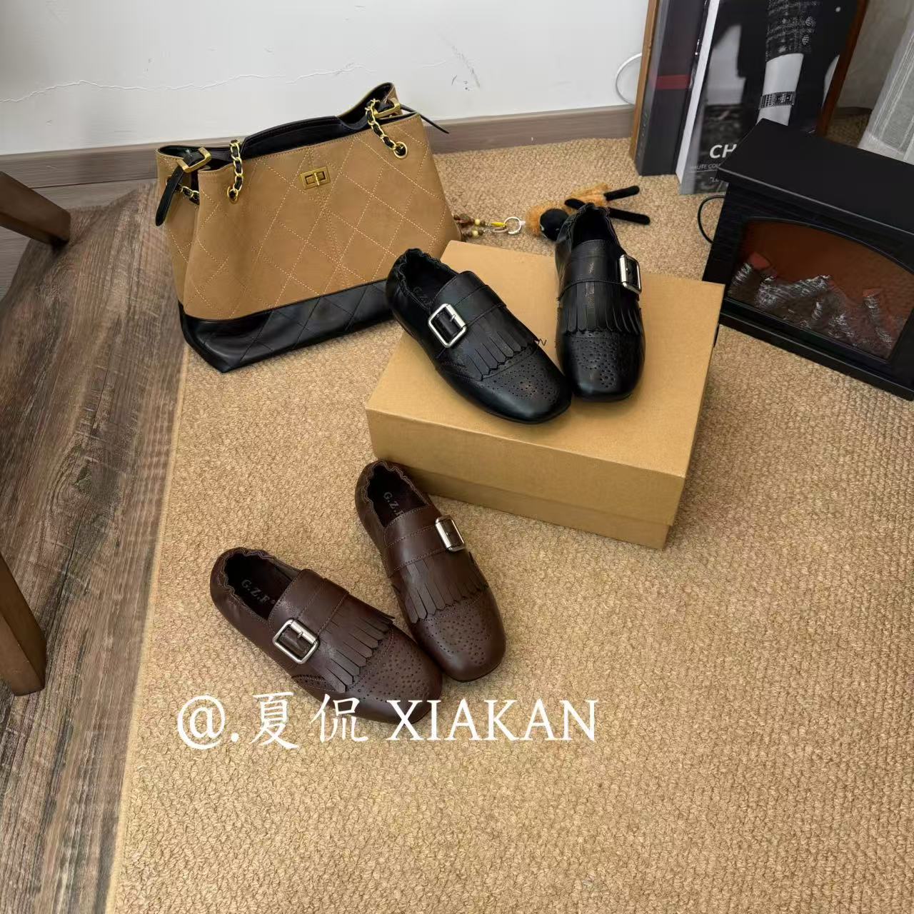 夏侃【FANGXIANG】平底增高2公分秋冬新款英伦风乐福鞋女GZF-1207-2