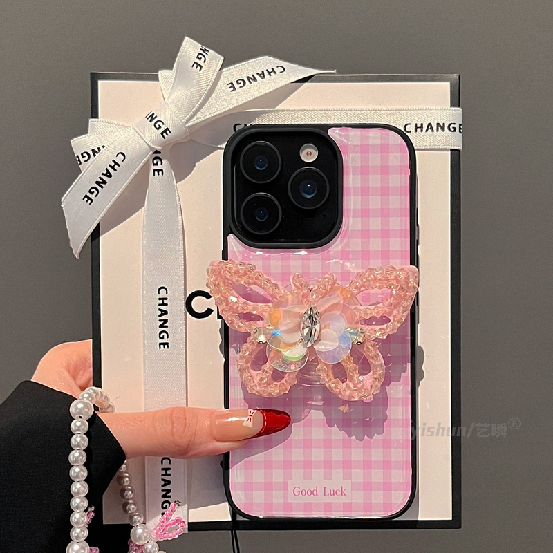 原创粉色格纹立体水钻蝴蝶适用苹果16ProMax拍照按键16pro手机壳