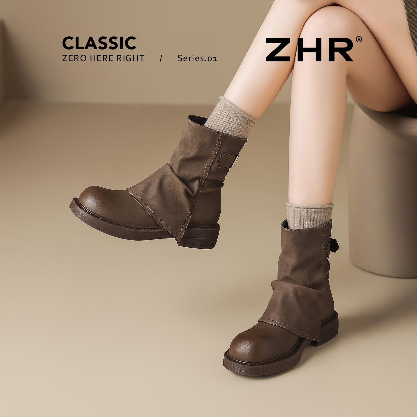 ZHR/则则短筒靴子女秋冬新加绒圆头擦色复古低跟哑光马丁堆堆靴Z