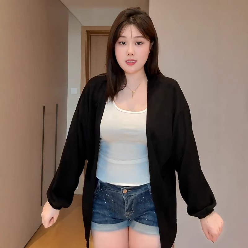 大码休闲复古薄款冰丝针织开衫女秋季胖mm宽松显瘦外套超好看上衣