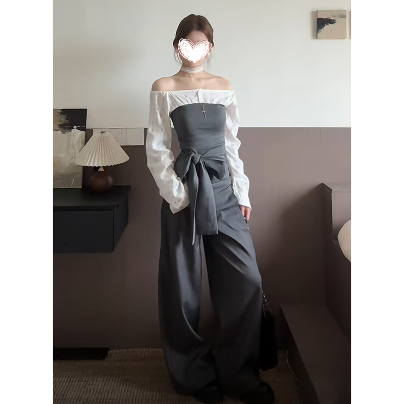 甜酷风V领拼接假两件衬衣女早春新款别致设计感绑带小众衬衫套装