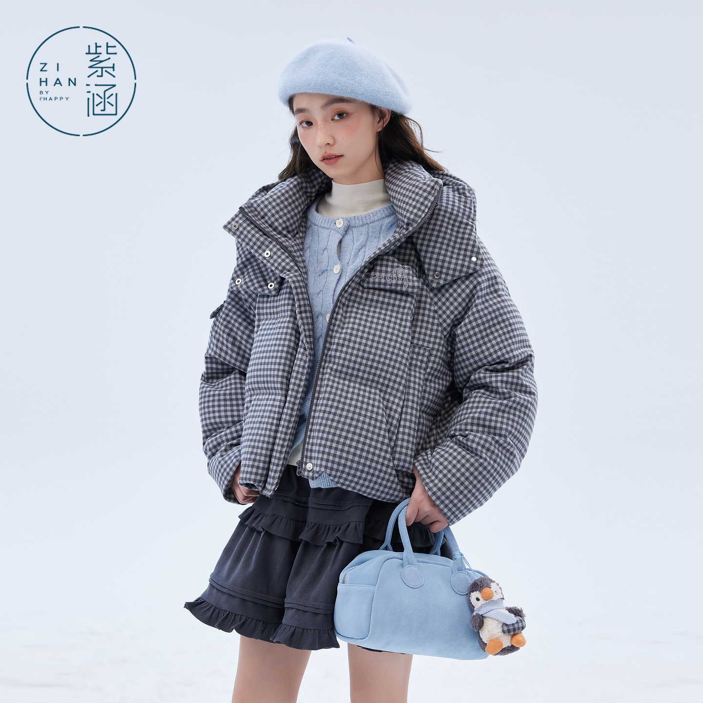 紫涵短款立领连帽羽绒服女2025冬季新款韩系简约通勤宽松鸭绒外套