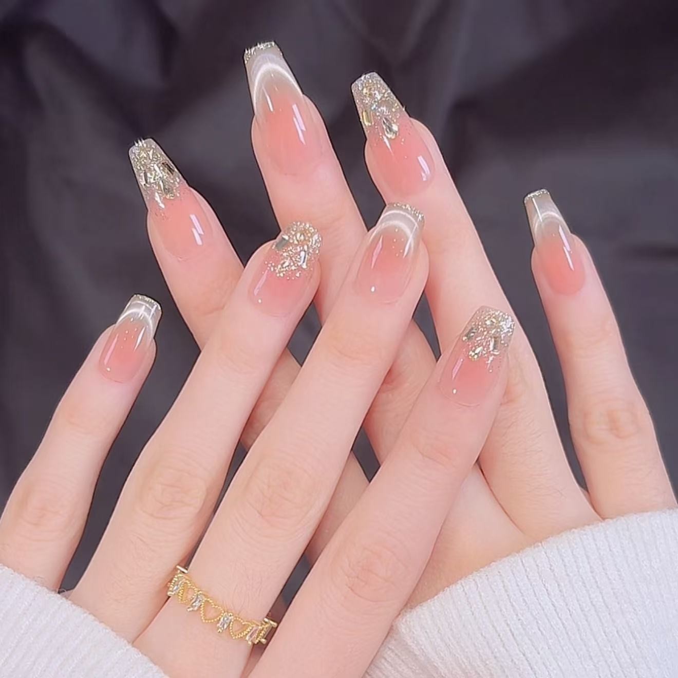 【塞纳黄昏】裸色猫眼带钻日常短款穿戴甲INS氛围短甲气质温柔美甲