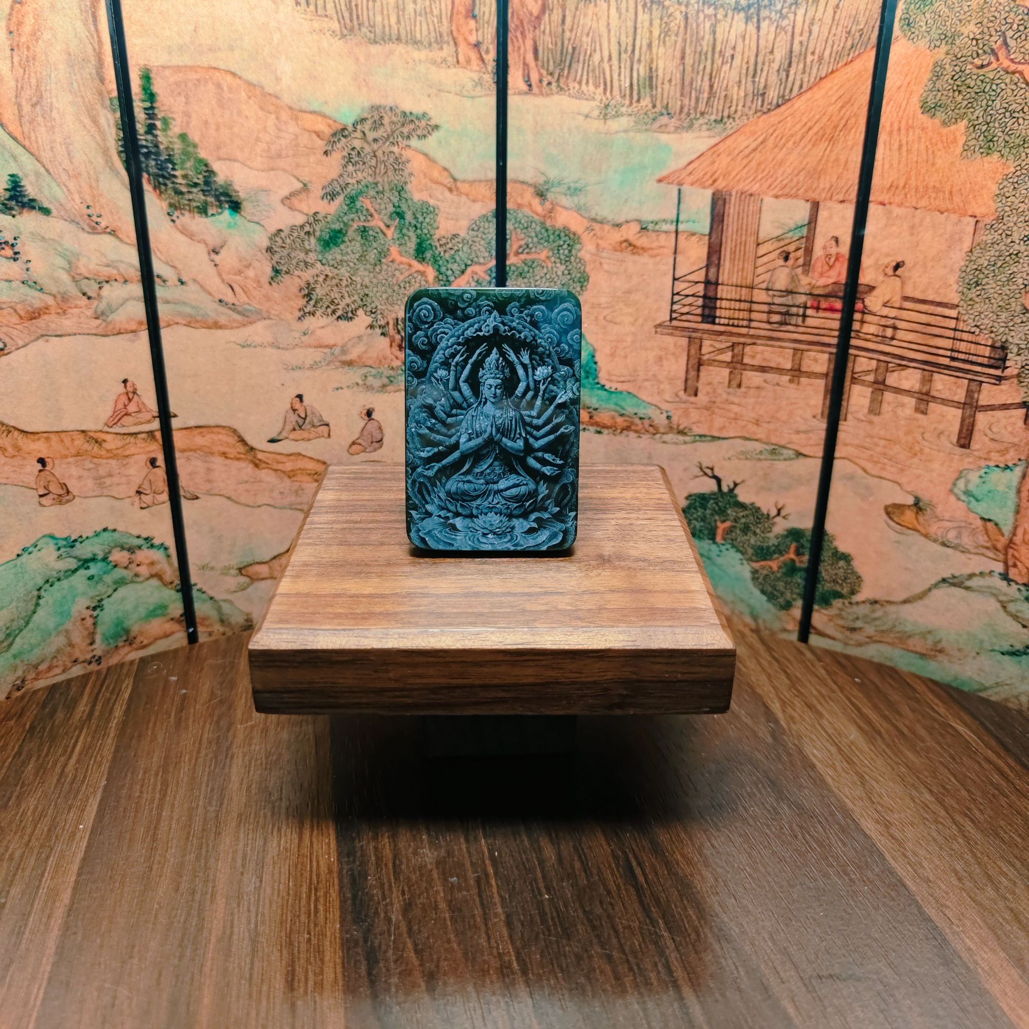 F和田玉千手观音影雕吊坠0564