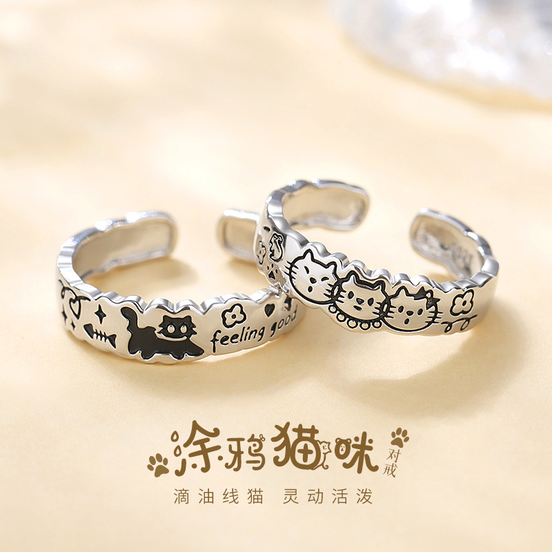 925银戒指 卡通涂鸦猫咪情侣戒指S925纯银小众高级感开口指环