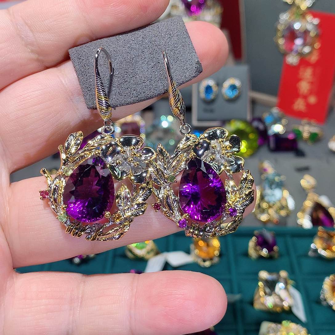 紫晶耳饰银S925镶嵌玫**?耳饰