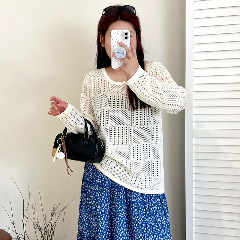 【涵胖胖】清*计感镂空长袖上衣2025秋款胖mm宽松外搭针织衫女23136