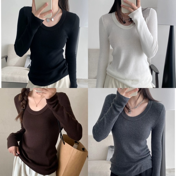 熹悦【配大衣内搭】高品质桑蚕丝绵羊毛U领修身显瘦打底衫新款上衣