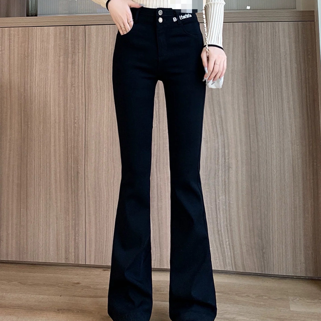 316#【扣子氧化介意勿拍】6629#高腰高弹力黑色工艺喇叭裤